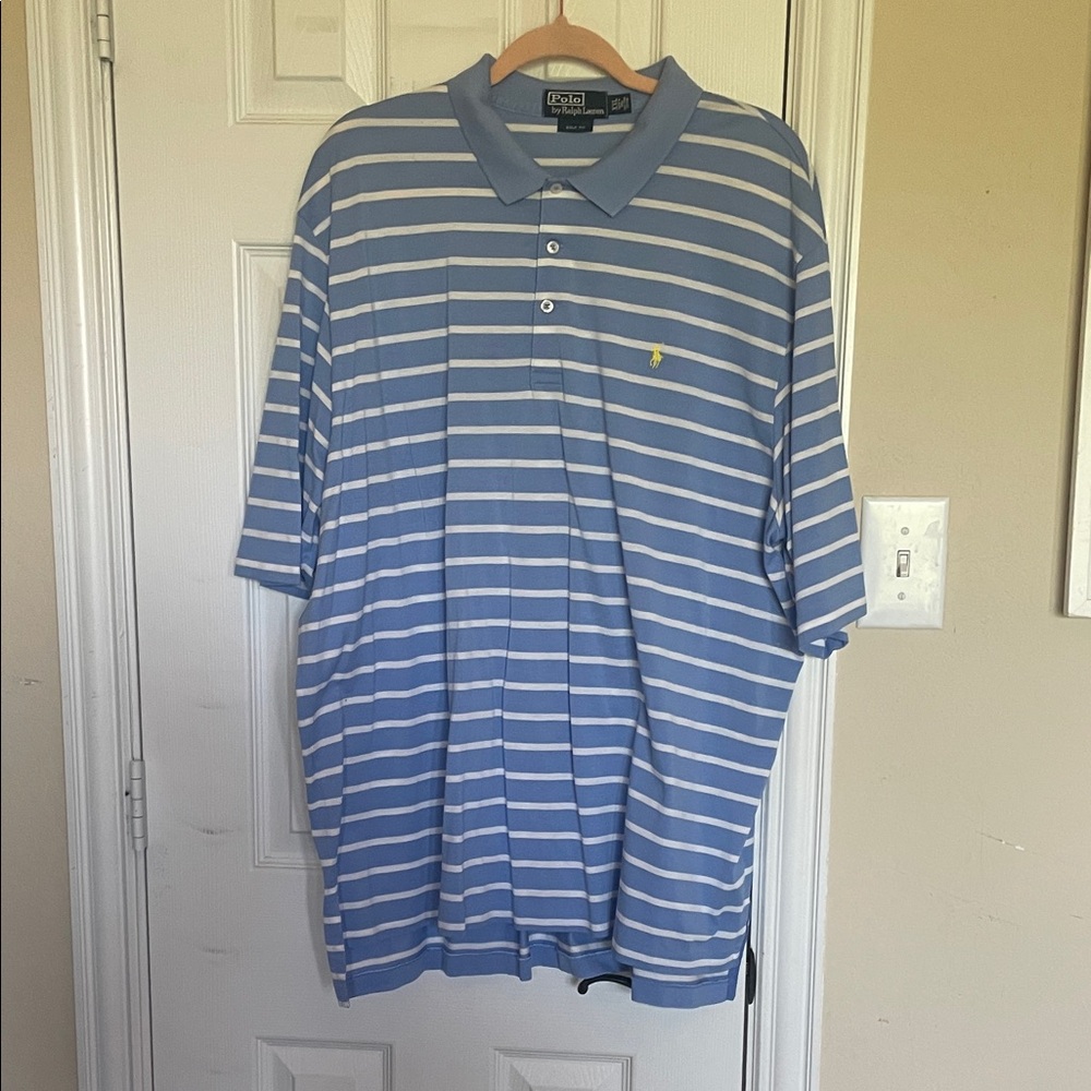 Ralph Lauren Polo shirt, blue and white stripe with a yellow logo, size xxl